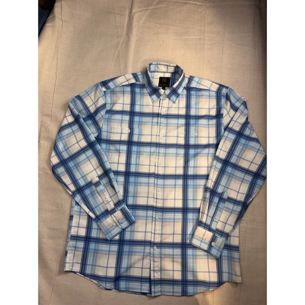 FX Fusion Men's Long Sleeve Plaid Button Up Shirt Size‎ L Blue White Casual